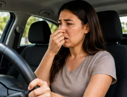 A woman sitting in the driver's seat pinches her nose with a disgusted expression, reacting to an unpleasant smell inside her car.
